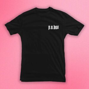 Black T-Shirt P.O. Box logo blue cake